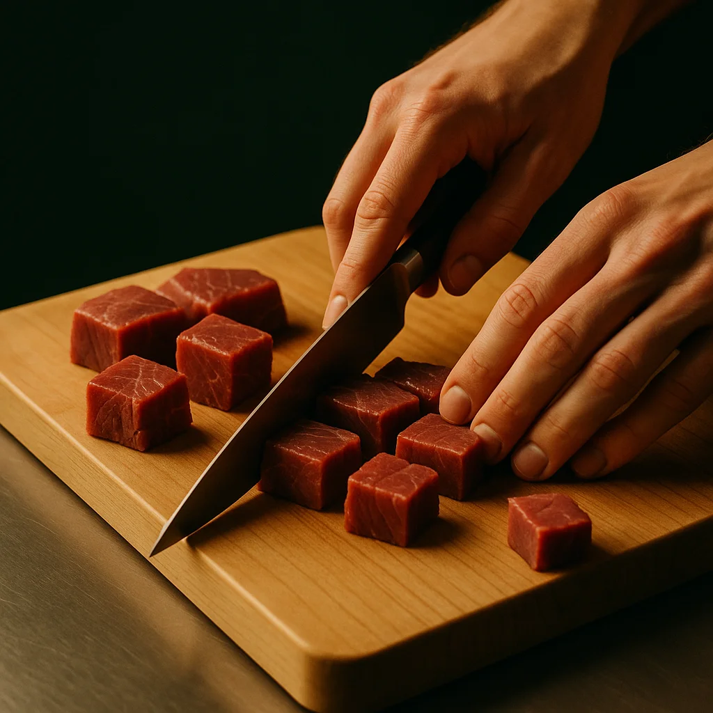 02 - Vorbereitung: Sorgfältige Portionierung und Aufbereitung. Jedes Stück wird per Hand auf die richtige Größe gebracht.