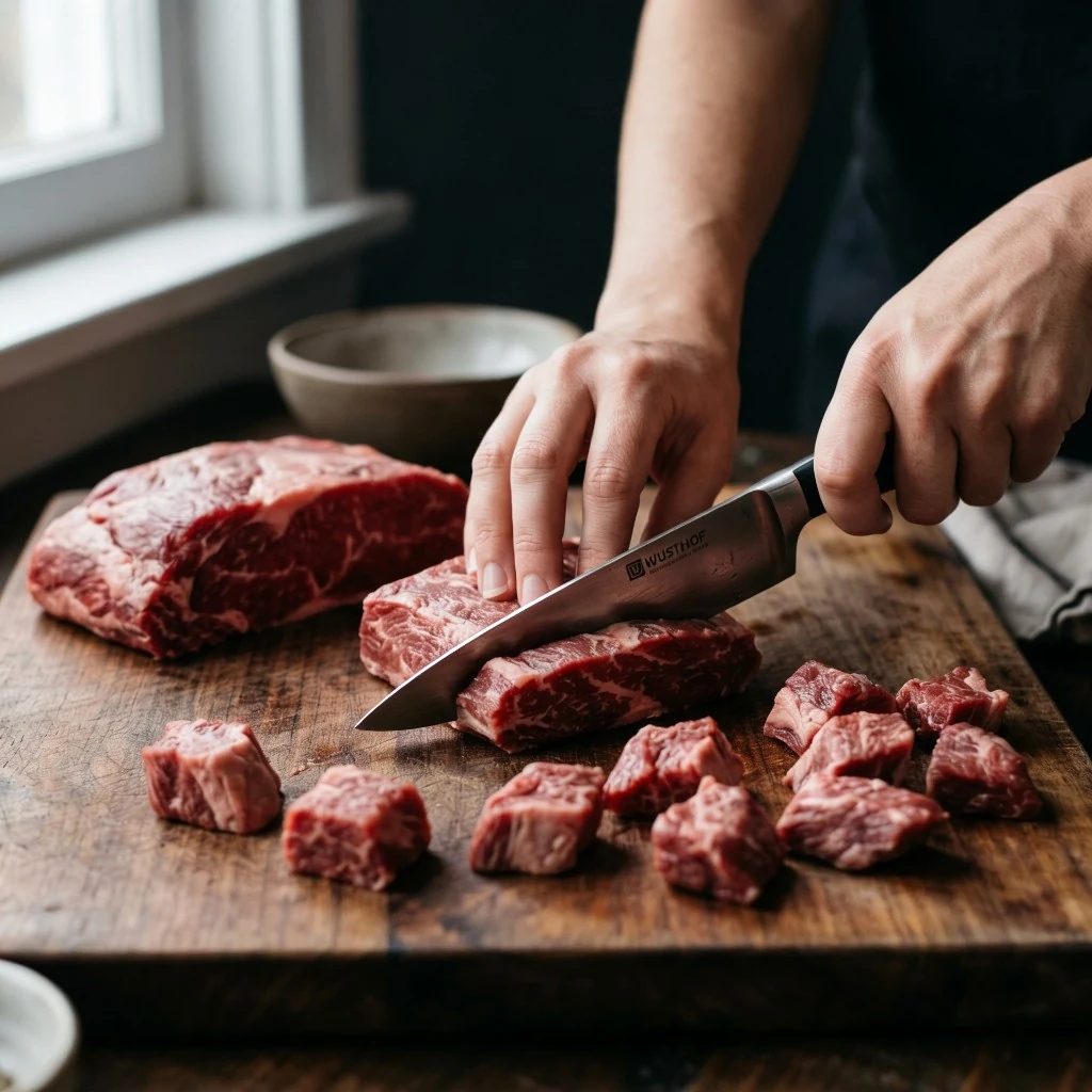 02 - Aufbereitung: Beim Herstellpartner wird das Fleisch sorgfältig portioniert und für die Trocknung vorbereitet.